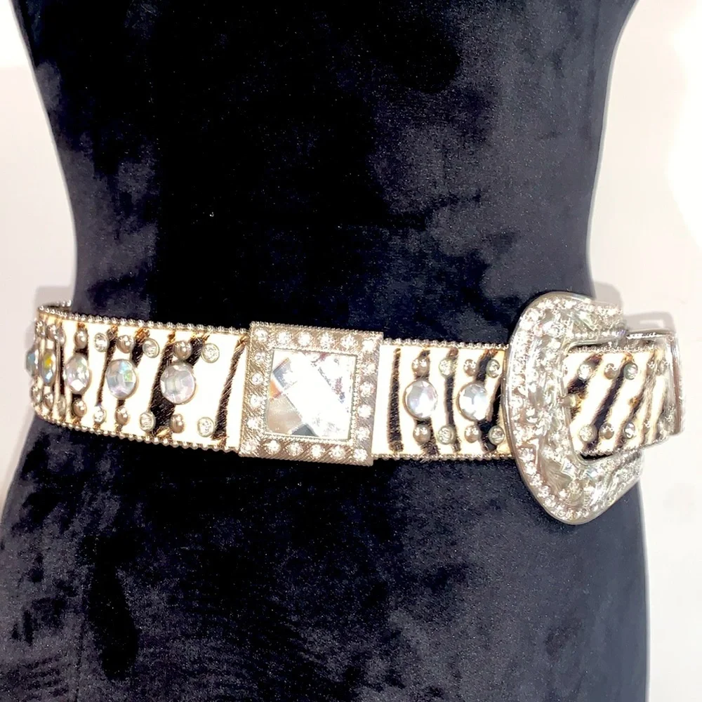 Zebra Leather Cowhide Rhinestone Western Belt Crystal Embellishment